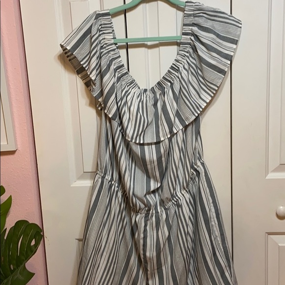 Pants - Grey and White Striped Plus Size Romper